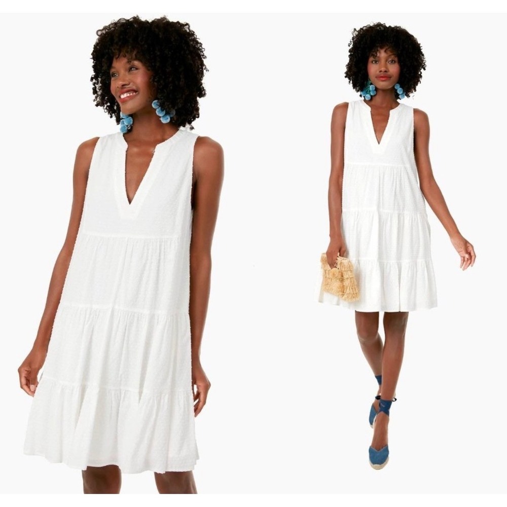 NWT Pomander Place Kenzo White Swiss Dot Tiered V-Neck Dress Pockets Small